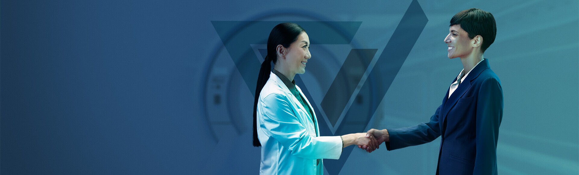 Portrait of a female dressing in doctor uniform shaking hands with sales representative